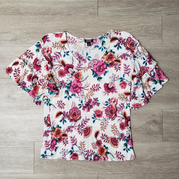 a.n.a Tops - White & pink floral Medium ruffle sleeve v neck blouse stretch Spring